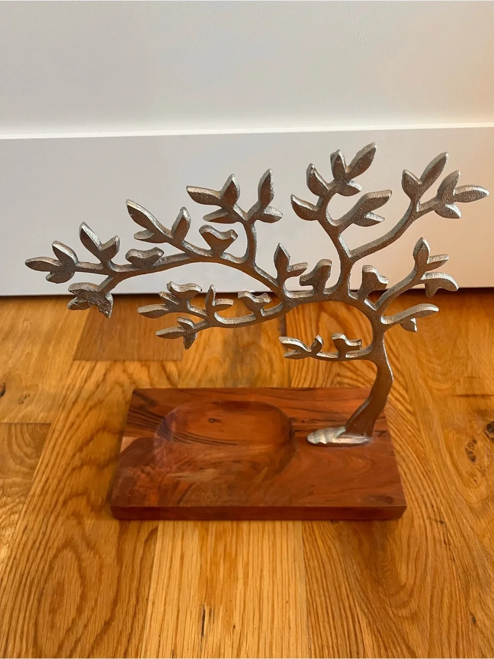 Metal Tree Jewelry Stand with Wooden Base - Silver and Brown